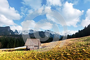 Old wooden hut in spring High Tatras mountains