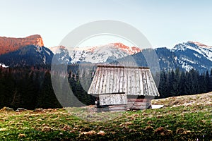 Old wooden hut in spring High Tatras mountains