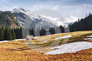 Old wooden hut in spring High Tatras