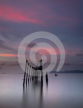 Old wooden jetty pier at Fisherman`s Village, Bophut, Koh Samui, Thailand