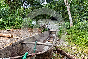 The old wooden kayak  in ecuadorian jungle.