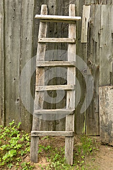 Old wooden ladder propped against the rural barn