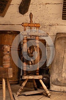 Old wooden loom in a rural house in Ukraine, spindle