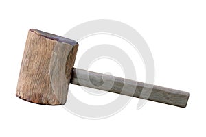 Old wooden mallet isolated on white background, Vintage wooden gavel