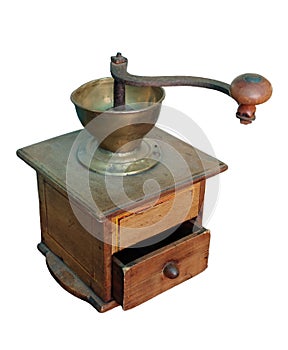 Old wooden manual coffee grinder for grinding coffee beans.