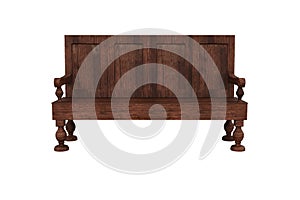Old wooden medieval bench seat. 3D render isolated on white background
