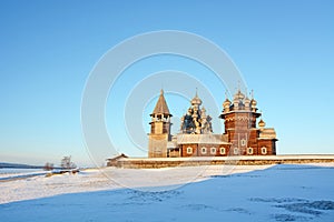 Old wooden monastery on Kizhi island. Russia, Karelia. Winter