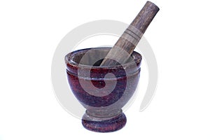 Old wooden mortar and pestle isolated on white background. Concept for Thai kitchen equipment and ingredient