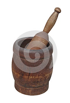 Old wooden mortar and pestle isolated.
