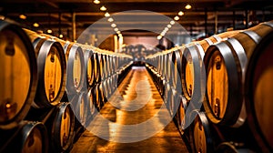 Old wooden oak barrels in underground cellars for aging wine or whiskey, vintage barrels and barrels in an old cellar: ideal