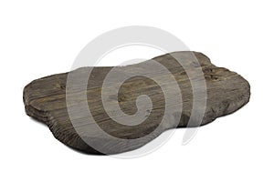 Old wooden original scuffed cutting board isolated on white background.