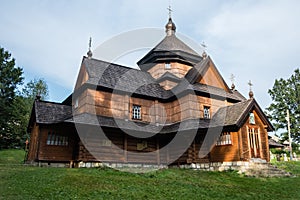Old wooden Orthodox church in mountain village Kryvorivnia, Ukraine