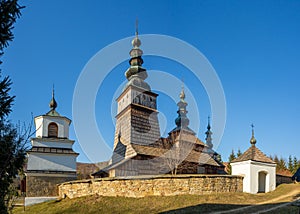 Old wooden orthodox church in Owczary, Poland. Aerial view