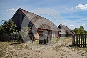 Old wooden outbuildings in open-air museum