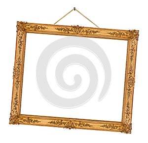 Old wooden picture frame hanging on a rope