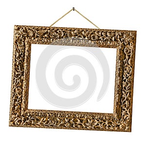 Old wooden picture frame hanging on a rope