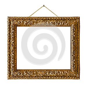 Old wooden picture frame hanging on a rope