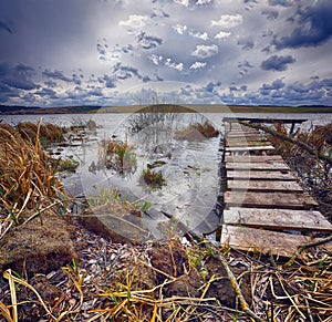 Old wooden pier with dry reed