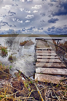 Old wooden pier with dry reed