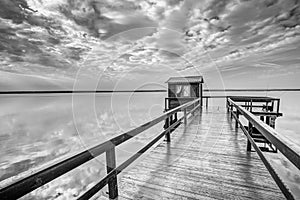 Old Wooden Pier For Fishing, Small House Shed And Beautiful Lake