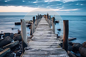 An old wooden pier going out to sea. Generated by artificial intelligence