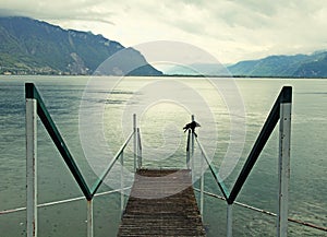 Old wooden pier on Lake Geneva