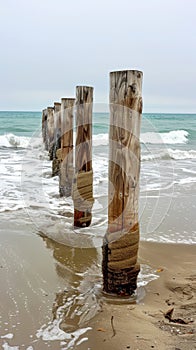 Old wooden pilings on the seashore
