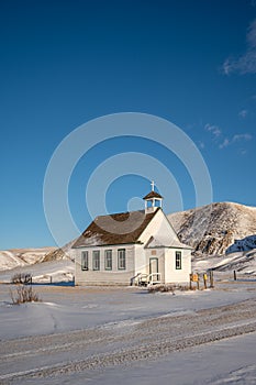 Old wooden pioneer church in the ghost town of Dorothy