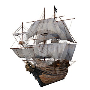 Old wooden pirate ship in full sail with a carved woman figurehead on the bow. Isolated 3D rendering