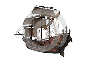 Old wooden pirate ship seen from rear perspective. 3D rendering isolated on white background with clipping path