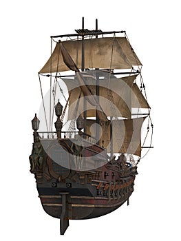 Old wooden pirate ship viewed from the stern. Isolated 3D illustration