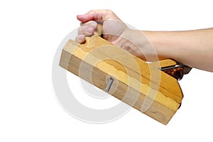 Old wooden plane in his hand white background.