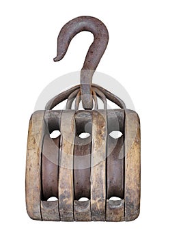 Old wooden pulley and hook isolated