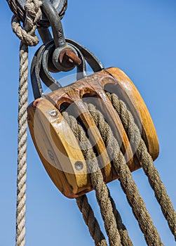 Old wooden pulley on a ship in Lubeck