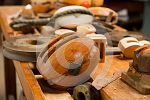 Old wooden pulleys photo