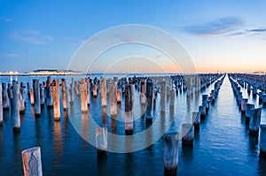 Old wooden pylons of historic Princes Pier in Port Melbourne