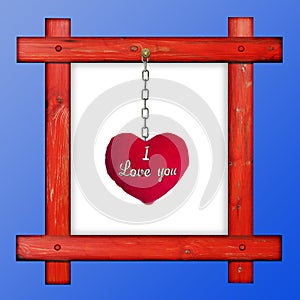 Old wooden red frame against a blue background with red soft heart with sign I love you.