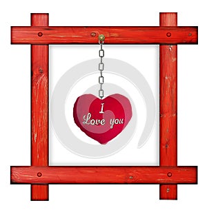 Old wooden red frame against a white background with red soft he