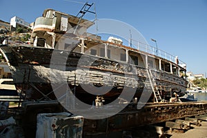 Old wooden restored ship in a dry dock