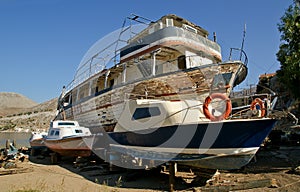 Old wooden restored ship in a dry dock