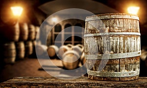 Old wooden retro barrel with table top and dark cellar background.