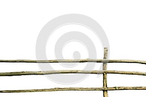 Old wooden rickety fence isolated on white background. Rustic lifestyle concept
