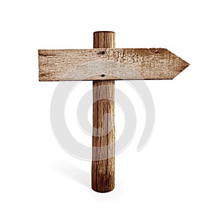 Old wooden right arrow road sign isolated photo
