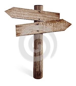 Old wooden road sign with left and right arrows