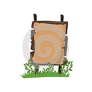 Old wooden road sign with sheet of paper standing on the grass cartoon vector Illustration