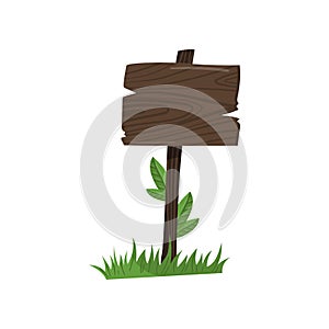 Old wooden road sign standing on the grass cartoon vector Illustration