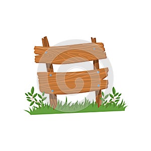 Old wooden road sign standing on the grass, wood old planks sign cartoon vector Illustration