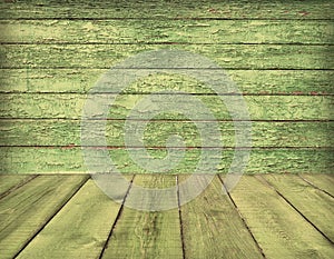 Old wooden room interior, green background