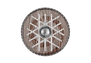 Old wooden round shield decorated with norse symbol of web of wyrd also known as the nore matrix of fate isolated on white