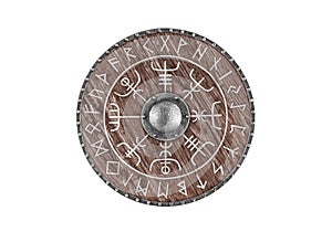 Old wooden round shield decorated with runes isolated on white